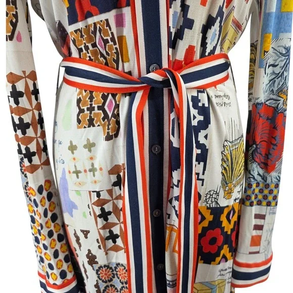 Tory Burch Womens L Silk Blend Laurence Scrapbook Belted Shirtdress - Picture 4 of 16